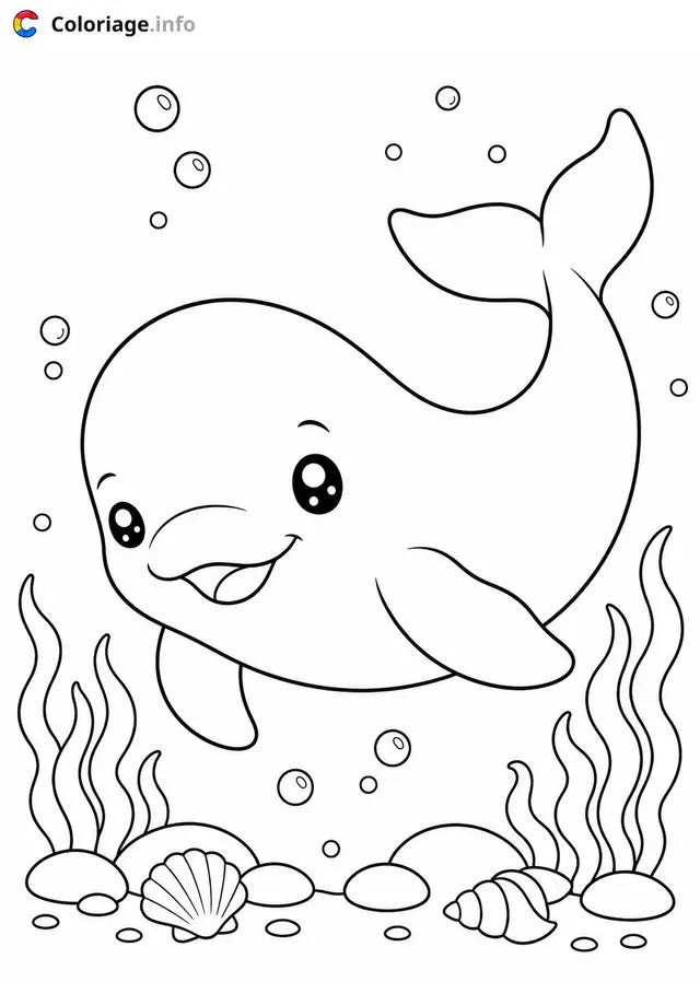 Coloriage Petit dauphin souriant sous l'eau - Dauphin à imprimer