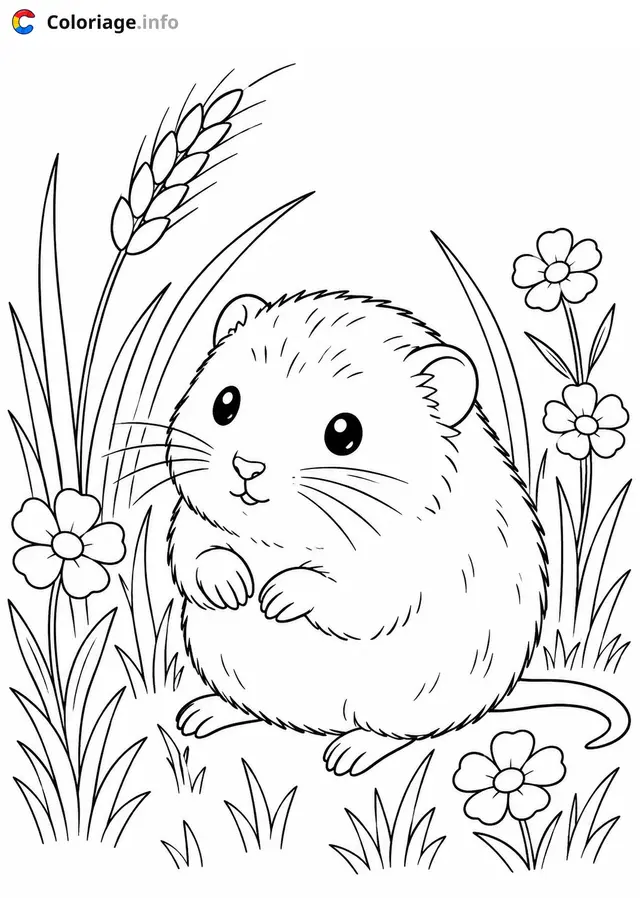 Coloriage Petit hamster dans le jardin - Hamster à imprimer