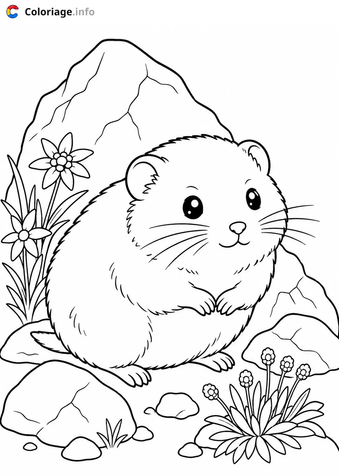 Coloriage Petit hamster dans les fleurs - Animaux à imprimer