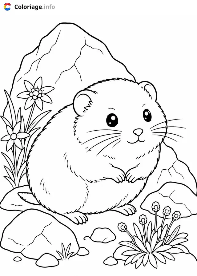 Coloriage Petit hamster dans les fleurs - Hamster à imprimer