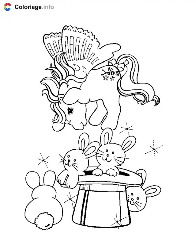 Coloriage Petit poney avec lapins dans un chapeau - My little pony à imprimer
