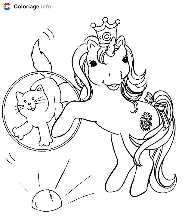 Coloriage Licorne princesse avec son chat magique - My little pony à imprimer