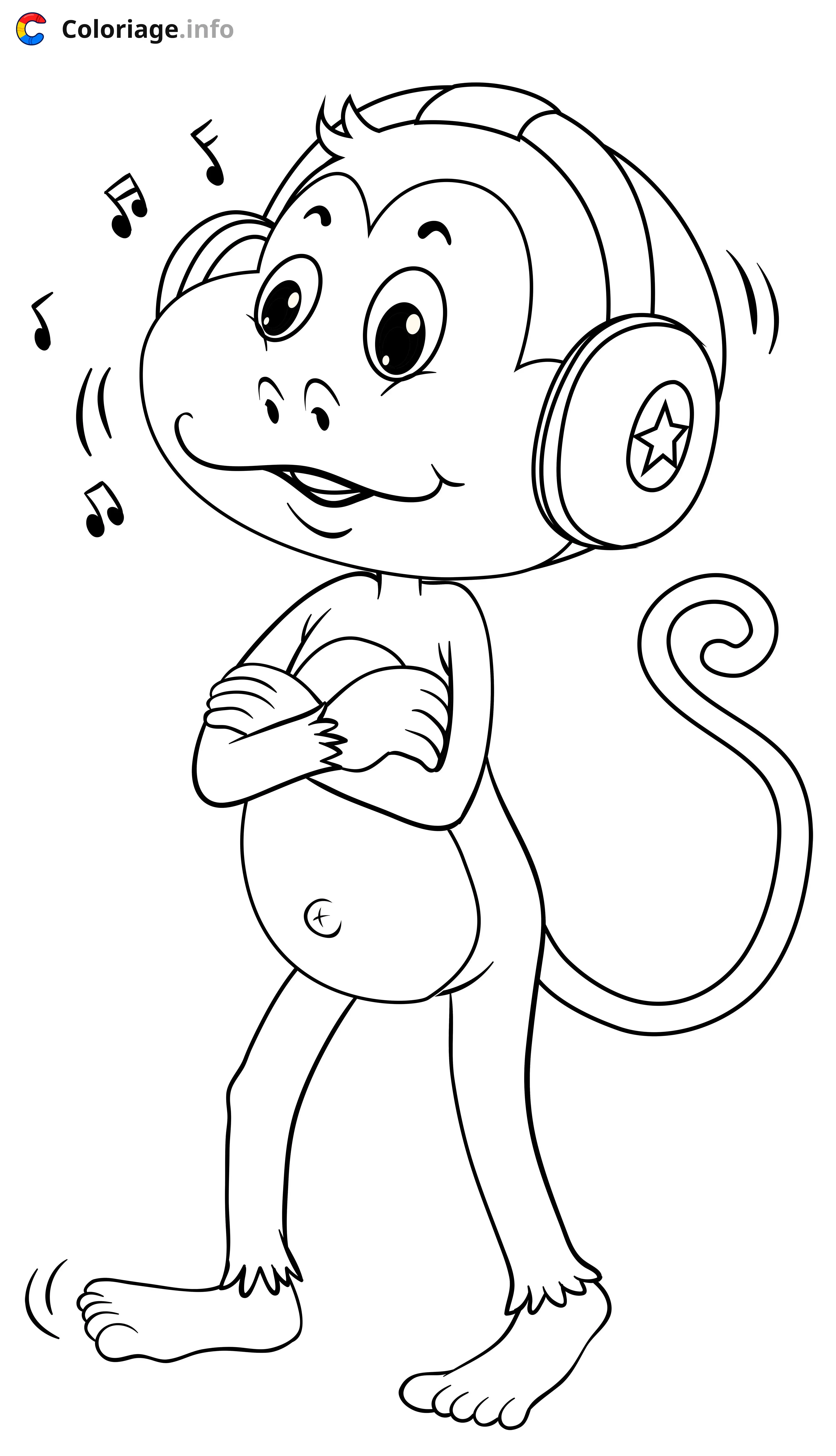 Coloriage Petit singe musicien avec casque - Musique à imprimer