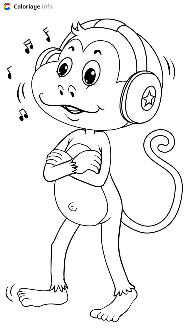 Coloriage Petit singe musicien avec casque - Musique à imprimer