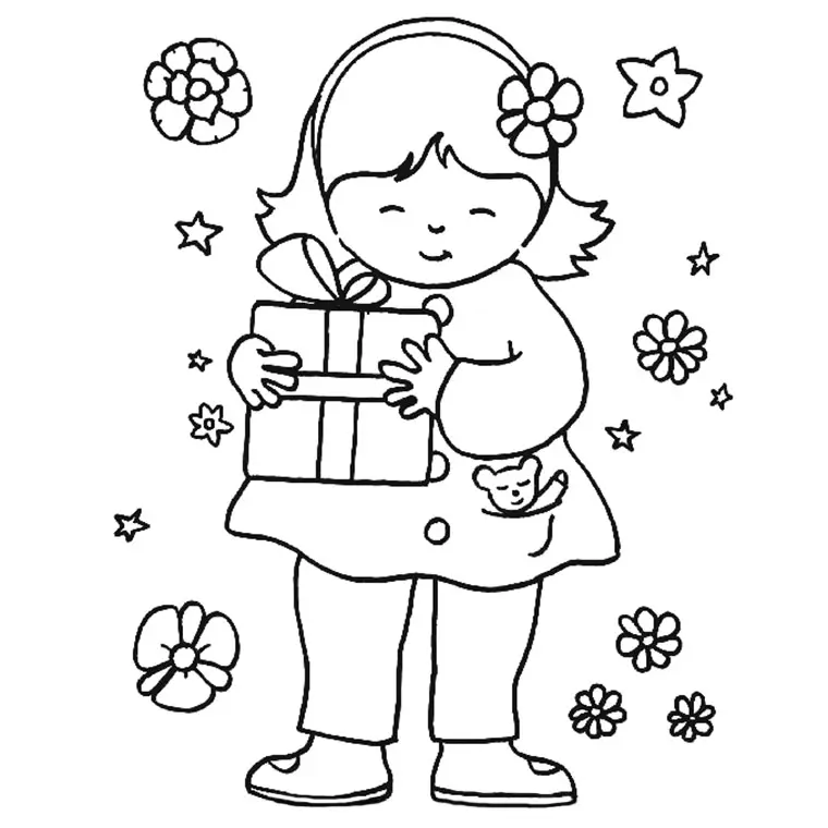 Little Girl with a Flower Gift coloring page to print