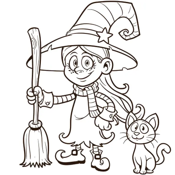 Coloriage Petite Sorcière Avec Son Chat Halloween - Halloween à imprimer