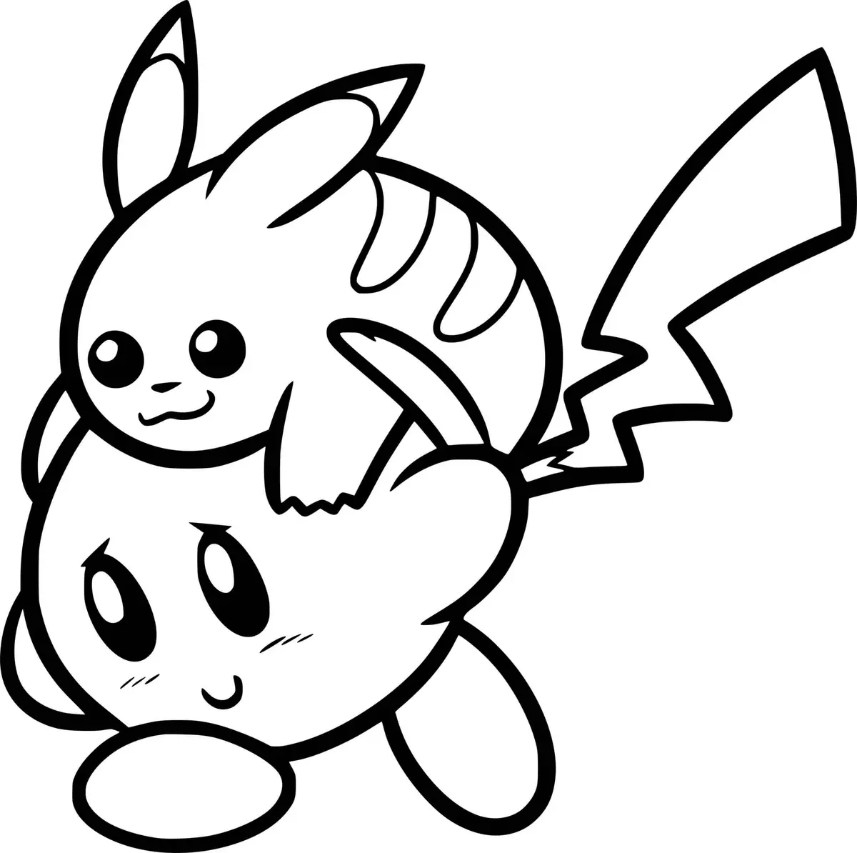 Ausmalbild Pikachu springt auf Kirby zum Ausdrucken