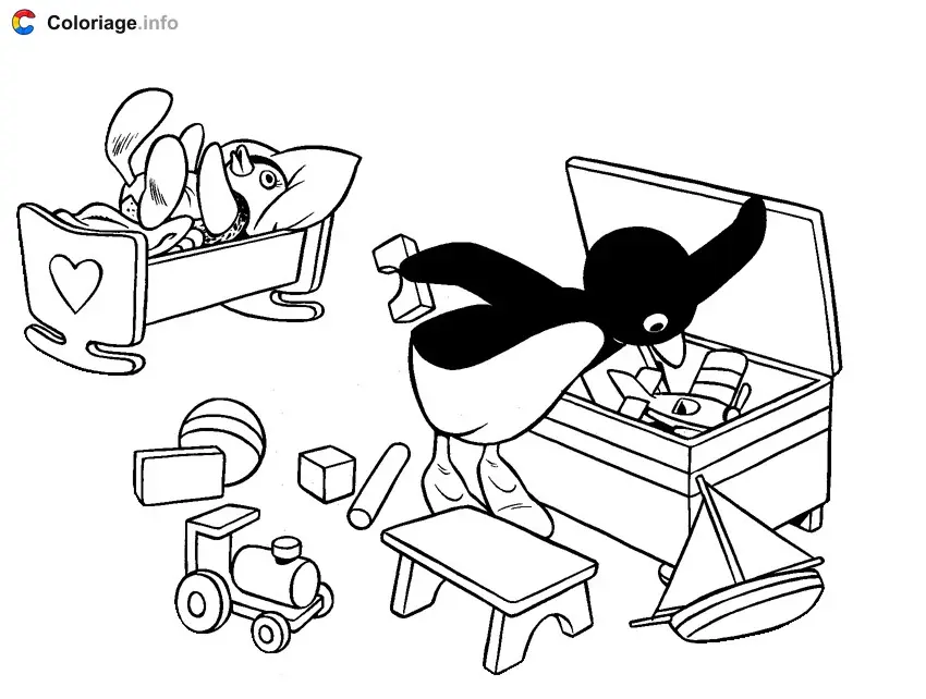 Coloriage Pingu coffre à jouets - Pingouin à imprimer