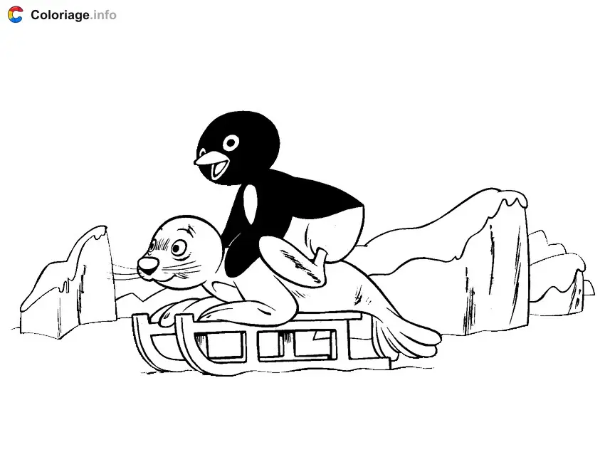 Coloriage Pingu fait de la luge - Pingouin à imprimer