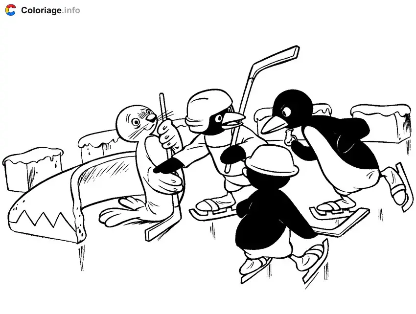 Coloriage Pingu joue au hockey - Pingouin à imprimer