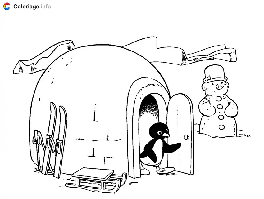 Coloriage Pingu sort de son igloo - Pingouin à imprimer