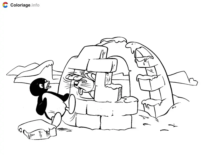 Pingu's Old Igloo and Seal coloring page to print