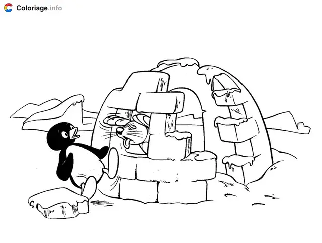Coloriage Pingu vieil igloo et phoque - Pingouin à imprimer