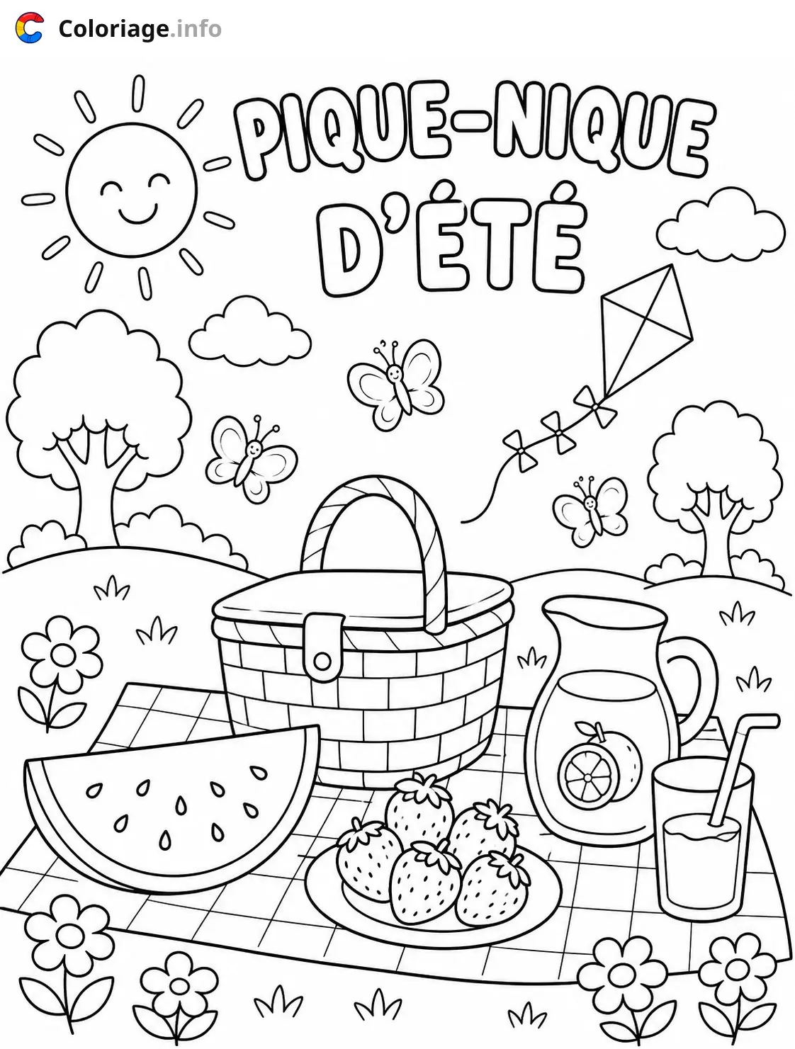 Coloriage Pique-nique d'été en famille - Été à imprimer