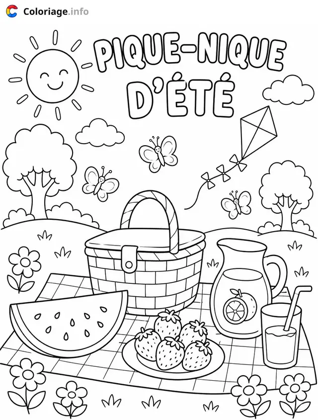 Coloriage Pique-nique d'été en famille - Été à imprimer