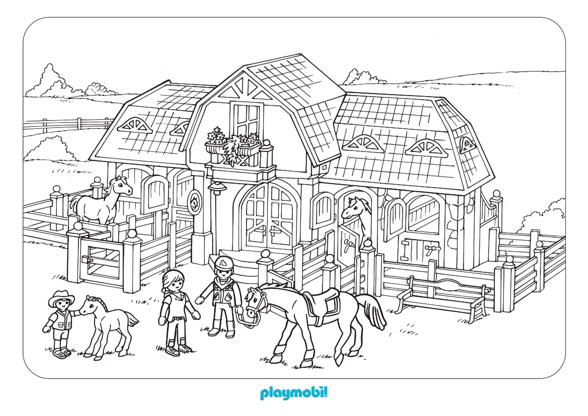 Dibujo de Playmobil en una granja con caballos para colorear