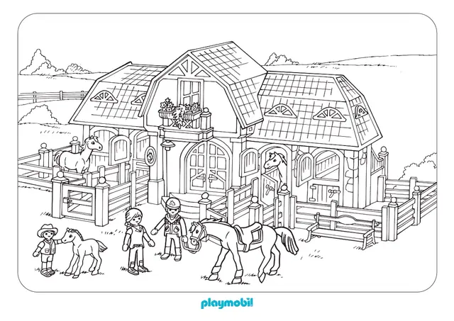 Coloriage Playmobil Dans Une Ferme Avec Chevaux - Playmobil à imprimer