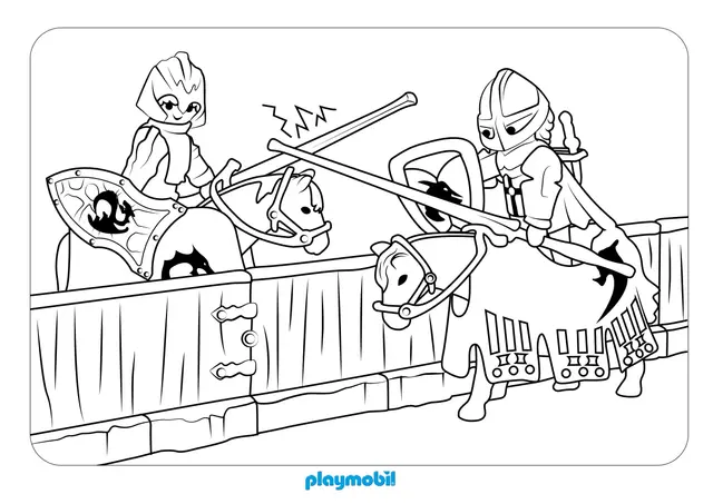 Coloriage Chevaliers Playmobil en bataille au château - Playmobil à imprimer