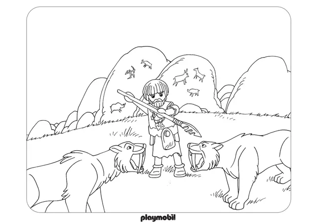 Coloriage Playmobil La Prehistoire Contre Les Animaux - Playmobil à imprimer