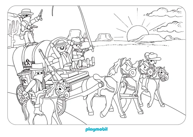 Coloriage Cowboys du Far West en caravane - Playmobil à imprimer