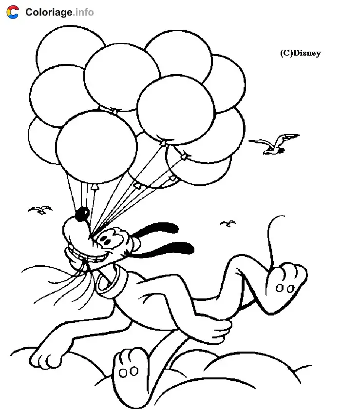 Pluto Flying with Balloons coloring page to print