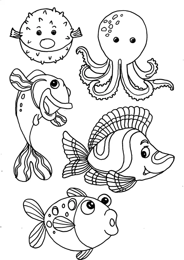 Fish and Sea Animals coloring page to print