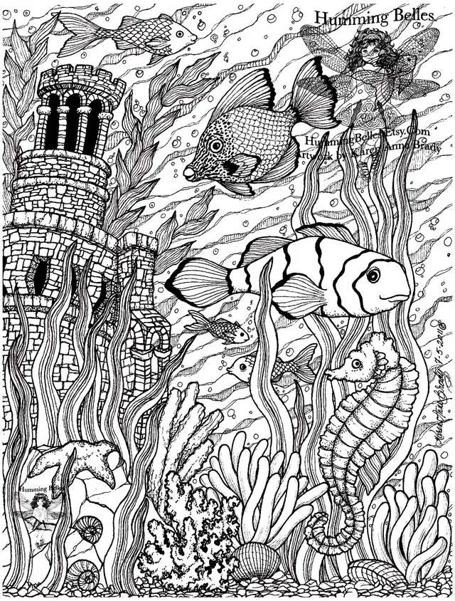 Coloriage Poissons et fée dans le château sous-marin - Poisson à imprimer