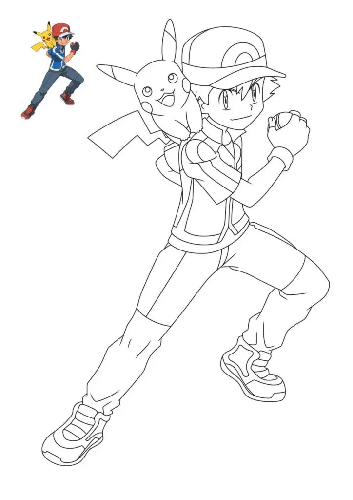 Pikachu and Ash coloring page to print