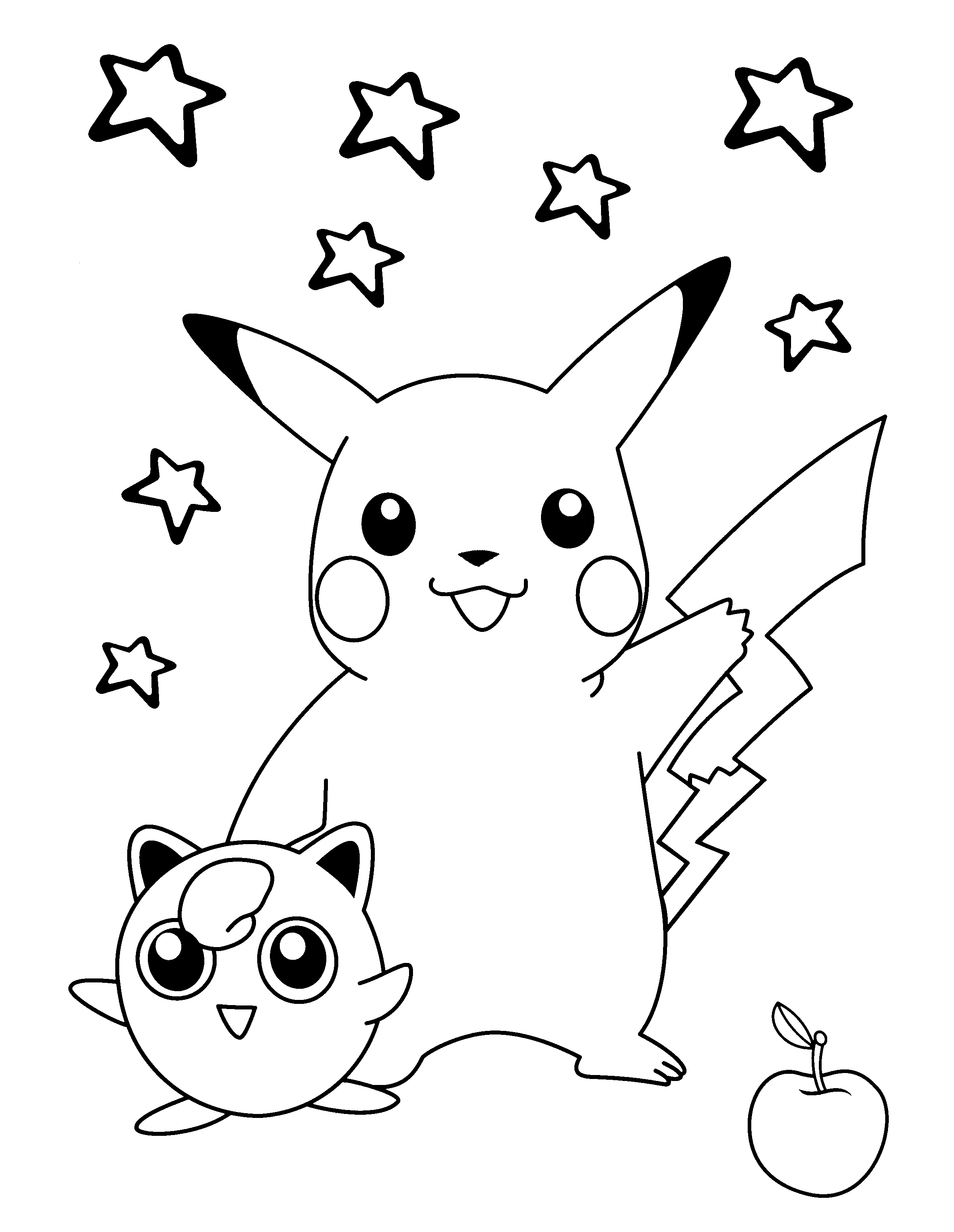 Pikachu with Stars and an Apple coloring page to print