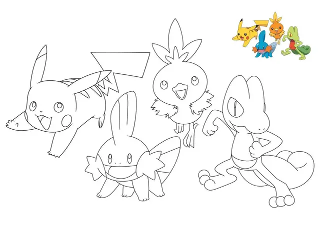 Coloriage Pokemon Pikachu Treecko Torchic Mudkip - Pokémon à imprimer