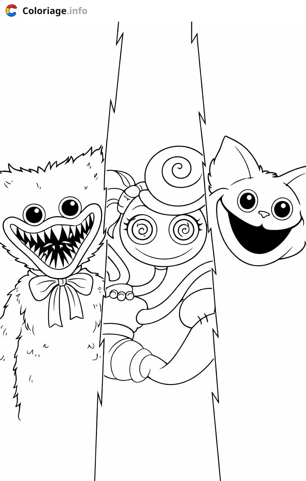Coloriage Poppy Playtime 5 Les monstres souriants suspendus - Huggy wuggy à imprimer