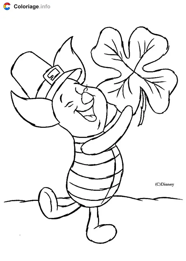 Coloriage Porcinet avec un trèfle à quatre feuilles - Porcinet à imprimer