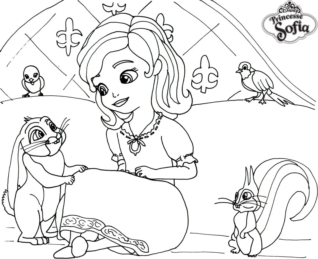 Coloriage Princesse Sofia Sur Son Lit Avec Un Lapin - Princesse sofia à imprimer