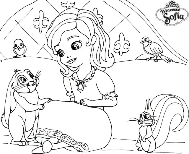 Disegno di Principessa Sofia sul letto con un coniglietto da stampare