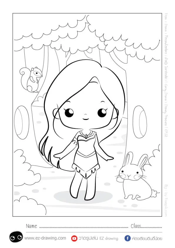 Kawaii Pocahontas Disney Princess coloring page to print