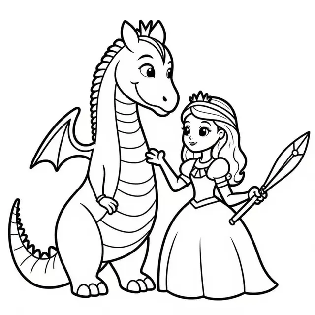 Ausmalbild Prinzessin und ihr treuer Drache zum Ausdrucken