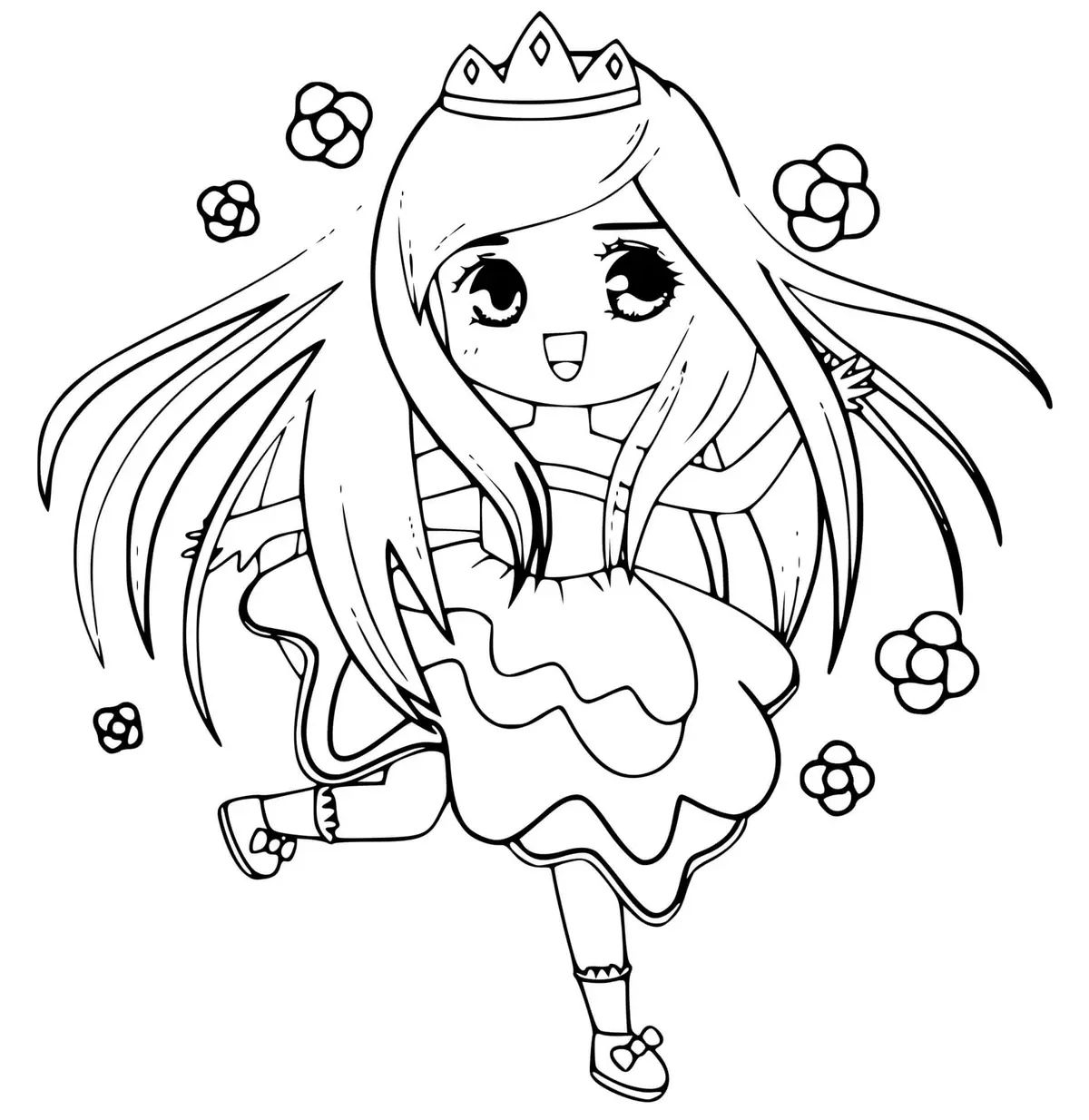 Coloriage Princesse Kawaii Avec Des Fleurs - Princesse à imprimer