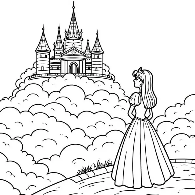 Coloriage Princesse Observant Son Château Celeste - Château de princesse à imprimer