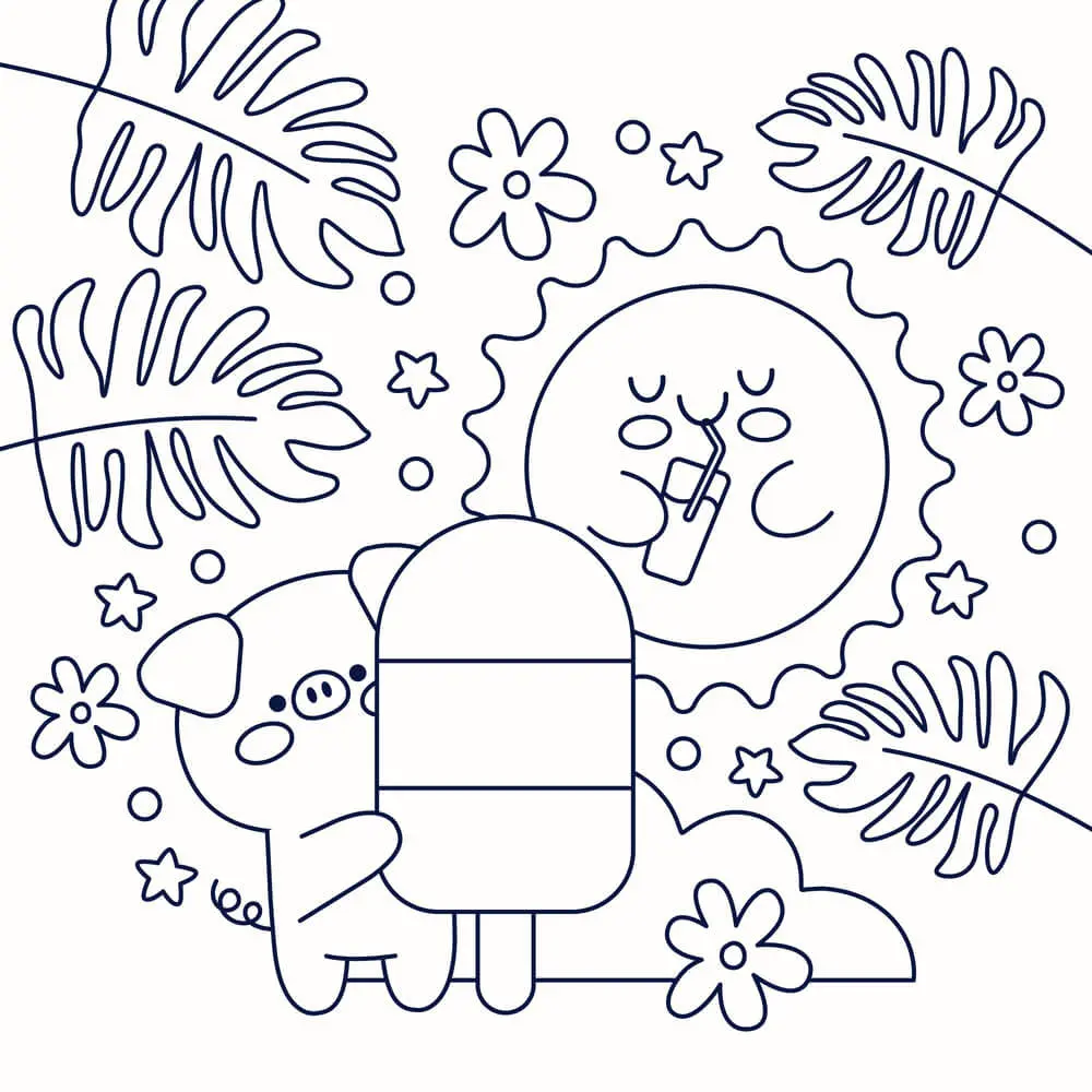 Spring Pig Sunshine and Ice Cream coloring page to print