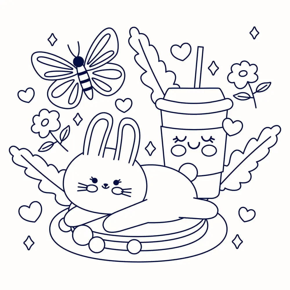 Kawaii Spring Bunny with a Cold Drink coloring page to print