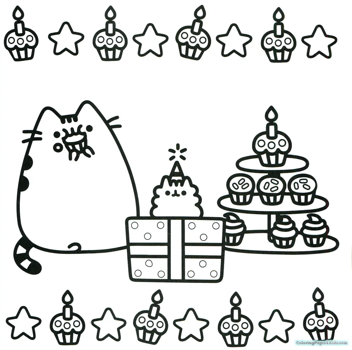 Ausmalbild Pusheen Cupcake Geburtstagsparty zum Ausdrucken