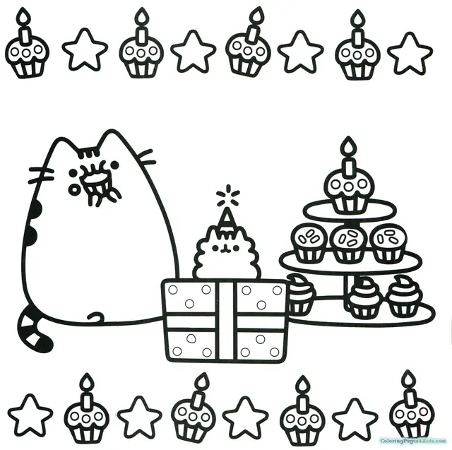 Pusheen Cupcake Birthday Party coloring page to print
