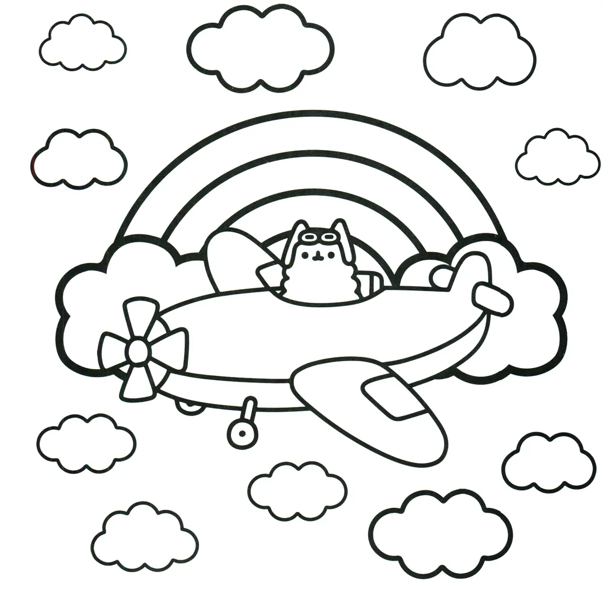 Ausmalbild Pusheen als Pilotin im Flugzeug zum Ausdrucken