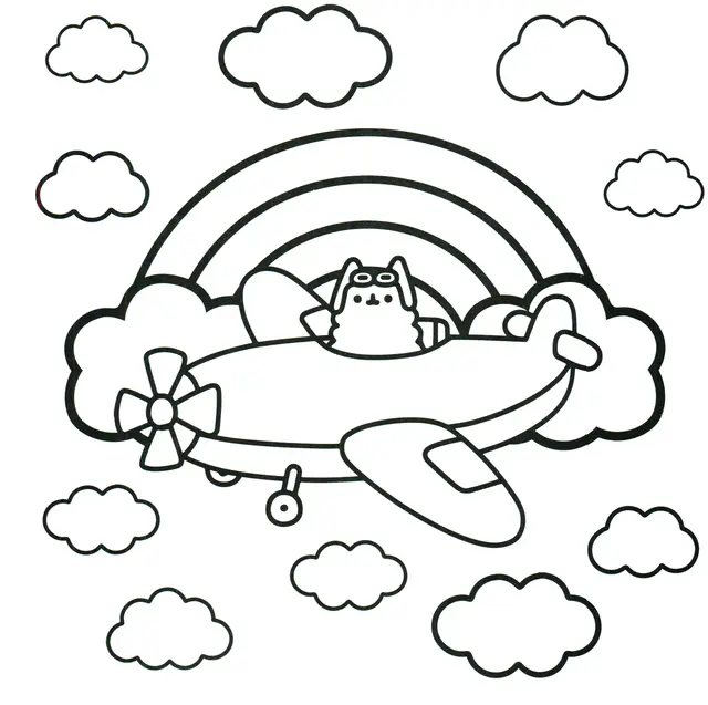 Pusheen the Pilot Flying a Plane coloring page to print