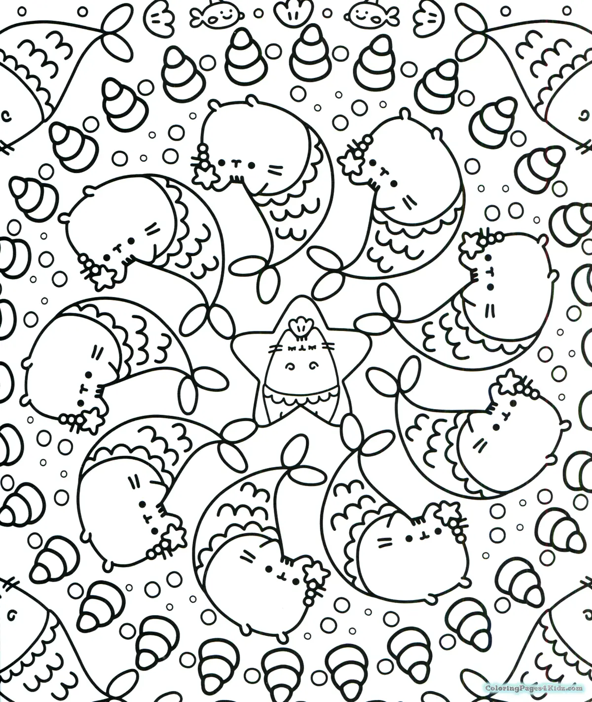Ausmalbild Pusheen Meerjungfrau Mandala für Erwachsene zum Ausdrucken