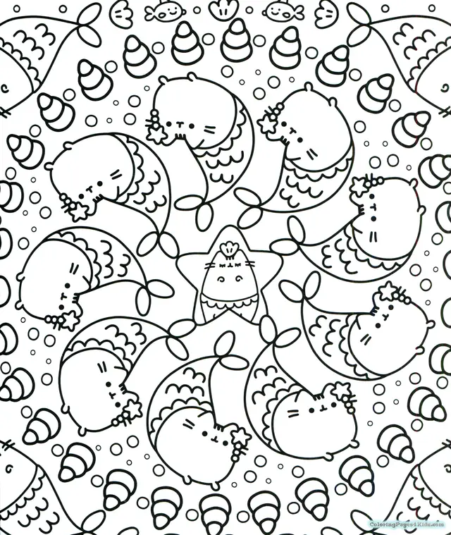 Pusheen Mermaid Mandala for Adults coloring page to print