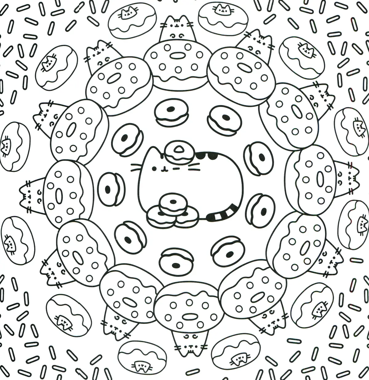 Ausmalbild Pusheen mit leckerem Donut-Muster zum Ausdrucken
