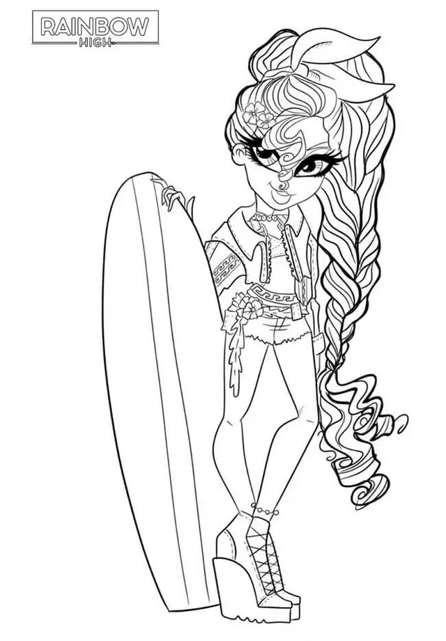 Coloriage Rainbow High Personnage Avec Planche De Surf - Rainbow high à imprimer