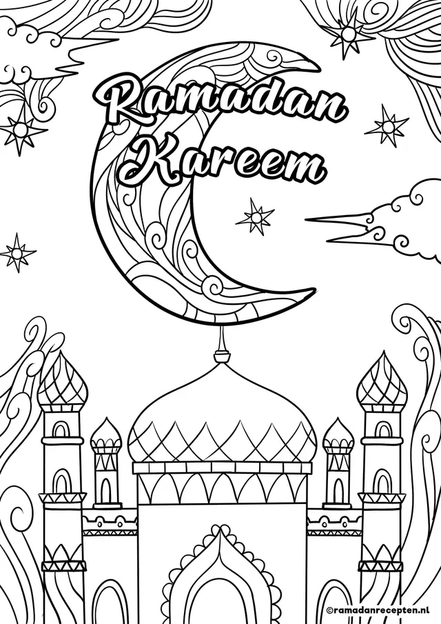 Coloriage Ramadan Kareem Mosque Et Lune - Ramadan à imprimer
