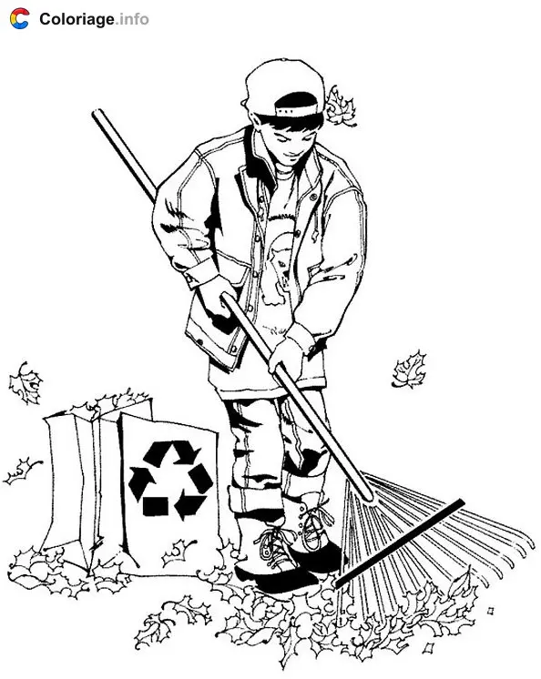 Coloriage Ramassage des feuilles mortes - Automne à imprimer